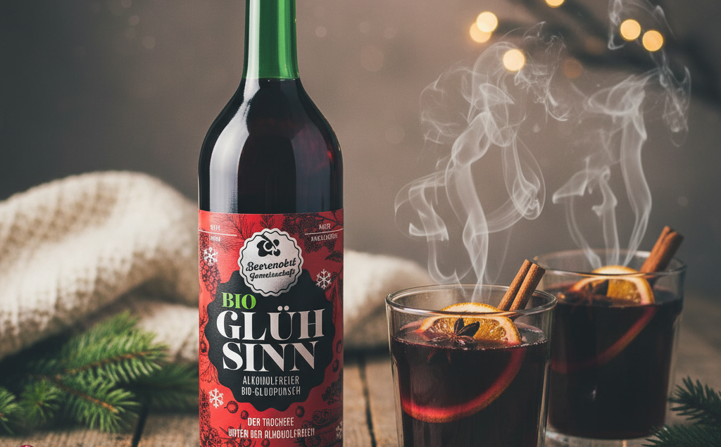 Bio GlühSinn, alkoholfreier Glühwein, serviert in einer dampfenden Tasse mit Zimt und Orange.