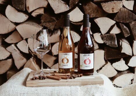 Zwei Flaschen Wiesenkiez SinSecco mit Glas und Zimtstangen vor gestapeltem Kaminholz