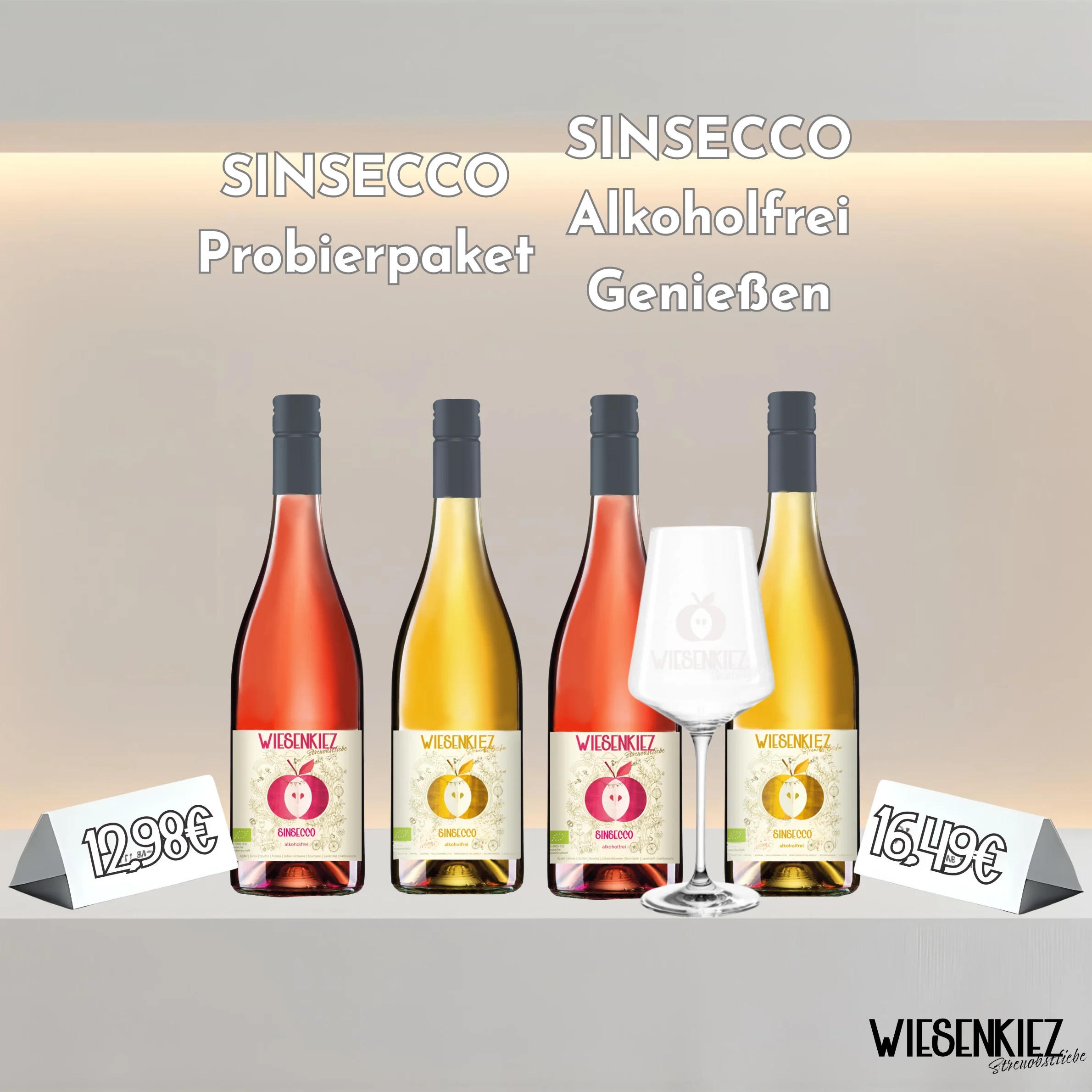 SinSecco alkoholfrei: Probierpaket mit vier Flaschen und Glas